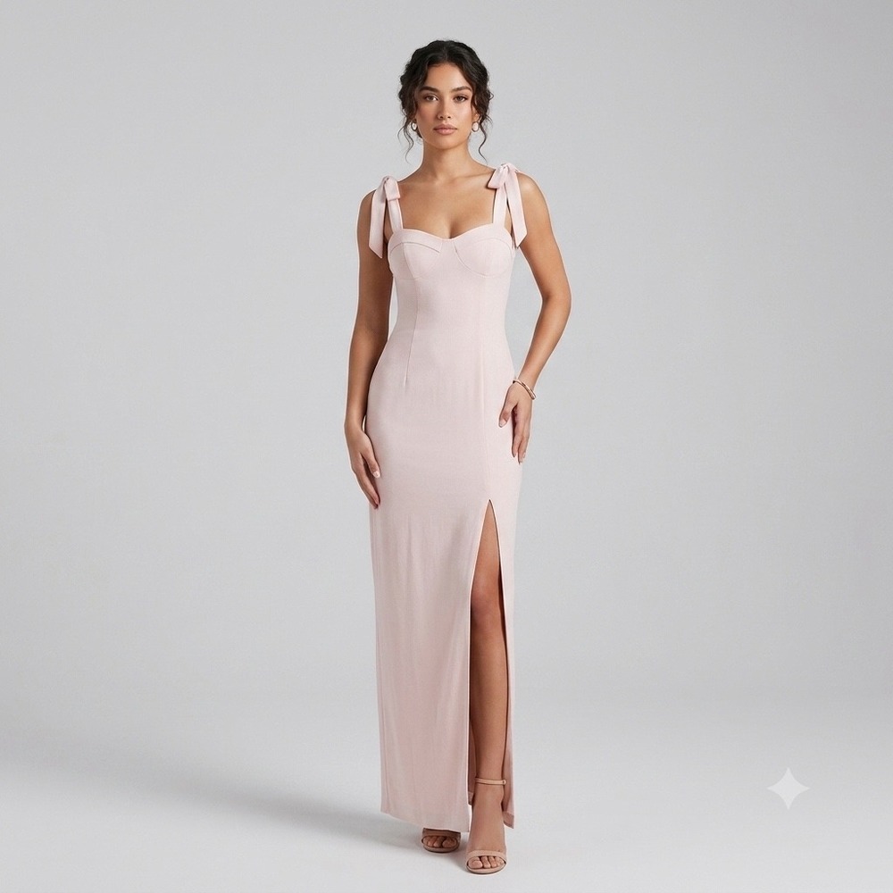 NEW BHLDN Blush Pink Antonia Georgette Tie Strap Maxi Dress Bridesmaid Gown Sz 0